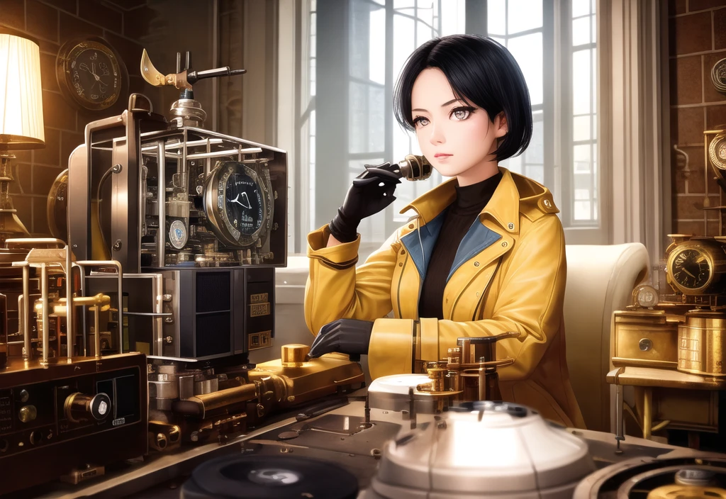 (extremely detailed CG unity 8k wallpaper, masterpiece, best quality, ultra-detailed), (best illumination, best shadow, an extremely delicate and beautiful), dynamic angle, floating, finely detail, Depth of field (bloom), (shine), glinting stars, classic, (illustration), (painting), , (steampunk), white yellow color, ((1girl, expression face, crimson eyes, looking at front, black hair, latterman jacket, black gloves, cowboy shot, siting )), (floating lot of cogs, sitting, less light, machine Cravate, electromagnetic waves, cog chair, clock behind, radio at side, vacuum valve), realistic background, 2112,