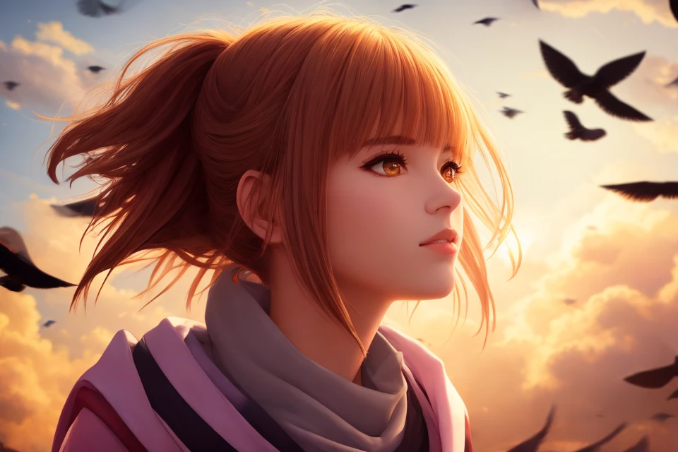 masterpiece, best quality, portrait of pretty girl, perfect face, floating hair, hyperdetailed intricate, good anatomy, floating petal, (flying birds:1.3), cloud, naruto, cinematic lighting, flowers