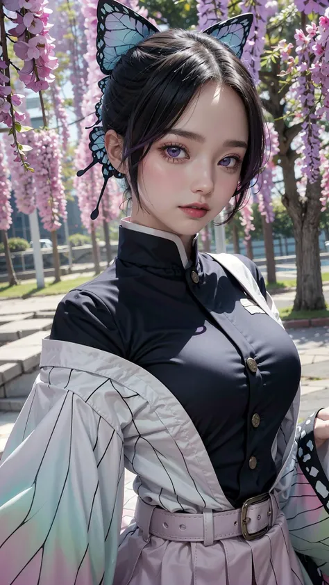 <lora:Kochou_Shinobu:0.7>,kochou shinobu, multicolored hair, no bangs, hair intakes, purple eyes, forehead, black shirt, black pants, haori, butterfly, buttons, belt,Japanese mansion,
((best quality)), ((highly detailed)), masterpiece, absurdres, (detailed eyes, deep eyes),photorealistic, realistic,detailed skin texture, detailed pupils,
1woman,(happy:1.1),(smile:1.2),<lora:hairdetailer:0.9>,shiny face,<lora:add_detail:1>,large breasts, narrow waist,