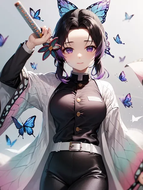masterpiece, best quality, <lora:shinobuKochouDemon_v10:1>, kochou shinobu, multicolored hair, no bangs, hair intakes, purple eyes, forehead, black shirt, black pants, haori, butterfly, buttons, belt,