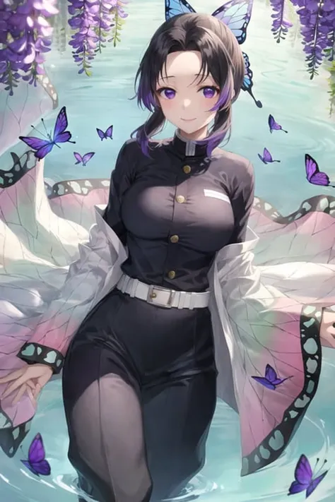 masterpiece, best quality, ultra-detailed, 1girl, solo, kochou shinobu, multicolored hair, no bangs, hair intakes, purple eyes, forehead, wisteria, black shirt, black pants, haori, butterfly, standing waist-deep in the crystal clear water of a tranquil pond, peaceful expression, surrounded by lush green foliage and wildflowers, falling petals, falling leaves, large breasts, cowboy shot, buttons, belt, light smile,
