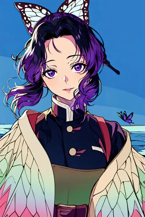 masterpiece, best_quality, ultra-detailed,flat_color, limited_palette, high_contrast, (ligne claire),(1girl:1.2),solo, kochou_shinobu, multicolored_hair, no_bangs, hair_intakes, purple_eyes, forehead, black_shirt, upper_body, haori, butterfly, buttons, belt, black_pants, (style_of_Kimetsu_no_Yaiba:0.7), scenery, (smile:0.5), realistic, realistic_lips, shiny_hair, shiny_skin, lighting, (river:0.3)