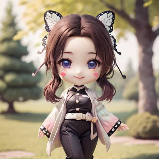 (masterpiece),(best quality),(ultra-detailed),(full body:1.2),1girl,chibi,cute,smile,flower,blush,tree,:3,blurry,brown hair,blush stickers,(beautiful detailed face),(beautiful detailed eyes),<lora:blindbox_v1_mix:1>,<lora:Kochou_Shinobu:1>,black shirt,black pants,haori,butterfly,buttons,belt,