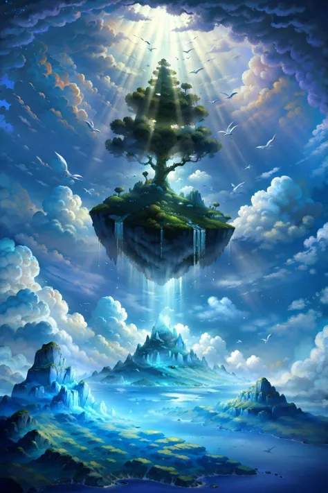 wow2wow,tree, mountain, floating island, cloud,tree, water,
masterpiece, best quality, most detailed, best aesthetics, highest contrast, highest resolution, best details, 8K wallpapers,