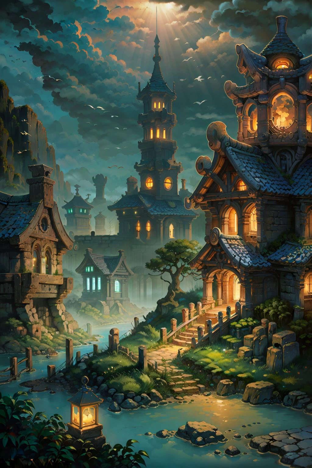 wow2wow,darkness,scenery,villages, rivers, buildings,glowing,
masterpiece, best quality, most detailed, best aesthetics, highest contrast, highest resolution, best details, 8K wallpapers,