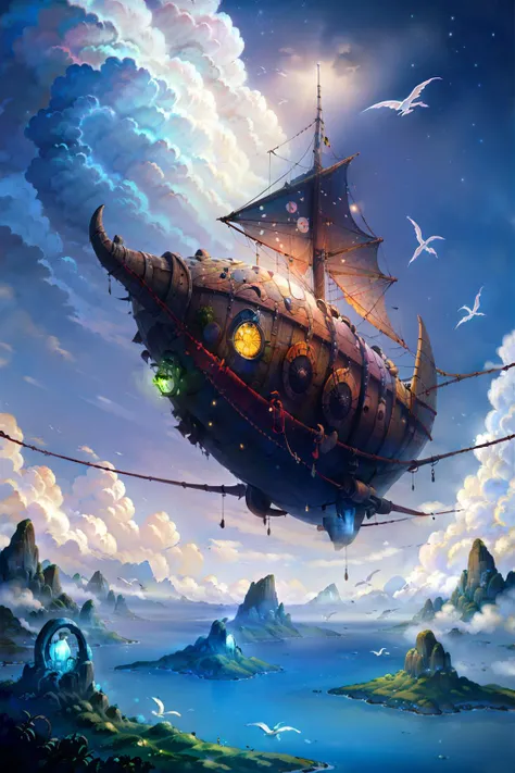 wow2wow,scenery, outdoors, no humans, airship, sky, fantasy, bird, tower, flying, ambiguous gender, fog, cloud, 1other,
masterpiece, best quality, most detailed, best aesthetics, highest contrast, highest resolution, best details, 8K wallpapers,