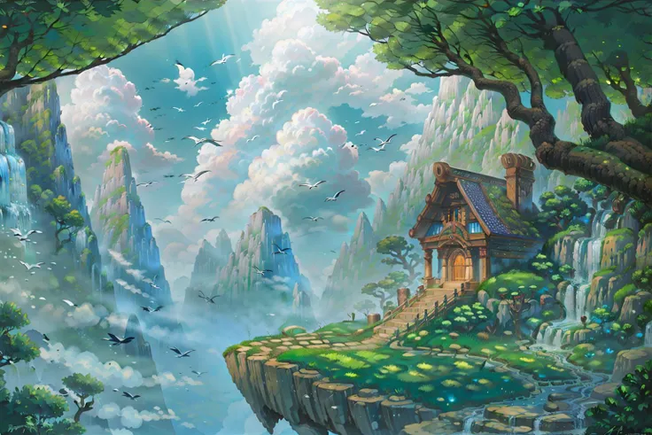 wow2wow,scenery, floating island, no humans, waterfall, cloud, sky, outdoors, day, landscape, fantasy, tree, mountain, nature, water, aircraft, cliff,
masterpiece, best quality, most detailed, best aesthetics, highest contrast, highest resolution, best details, 8K wallpapers,