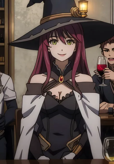 <lora:GoblinSlayer:0.8>, GoblinSlayer, Witch, looking at viewer, smile, short hair, multiple girls, brown hair, black hair, gloves, hat, dress, holding, bare shoulders, sitting, upper body, detached sleeves, multiple boys, solo focus, black gloves, elbow gloves, indoors, 2boys, cape, armor, mole, cup, lips, witch hat, chair, 3boys, holding cup, alcohol, drinking glass, mug, witch, wine glass, wine