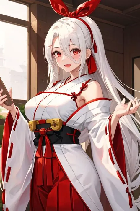 best quality, masterpiece, highres, solo, {white kimono:1.35}, {red hakama:1.35}, {wide sleeves:1.20}, {prinz_heinrich_azurlane:1.15}, long_hair, red_eyes, breasts, white_hair, large_breasts, bangs, mole, mole_under_eye, open_mouth, smile, blush, very_long_hair, ribbon, necktie, hairband, hair_ribbon, hair_between_eyes