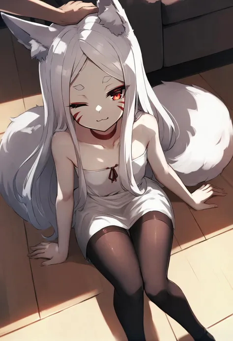 (by nekoya \(liu\), by sub-res :0.8) BREAK
1girl, shiro \(sewayaki kitsune no senko-san\), animal_ear_fluff, fox girl, fox ears, kitsune, white fox tail, eyelashes, white hair, long hair, red eyes, facial whisker markings, choker gem, ears down, small breasts, white strapless dress, clothes cutout, black stockings, pale skin, one eye closed, happy and calm , :3 , sitting on the floor, headpat , view from above,
indoors, living room interior,
best quality, masterpiece,