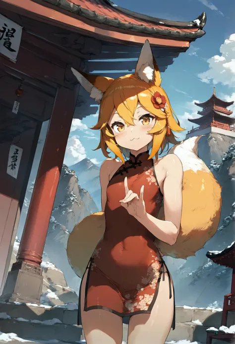 (by kantoku, by cutesexyrobutts, by bodhi wushushenghua:0.8),
1girl, senko \(sewayaki kitsune no senko-san\), fox girl, fox ears, animal ear fluff, fox tail, short blonde hair, hair flower, red china dress, :3, casting fox shadow puppet gesture while hugging own tail, bare shoulders,
outdoors, epic landscape of chinese mountains, pagoda,
best quality, masterpiece,