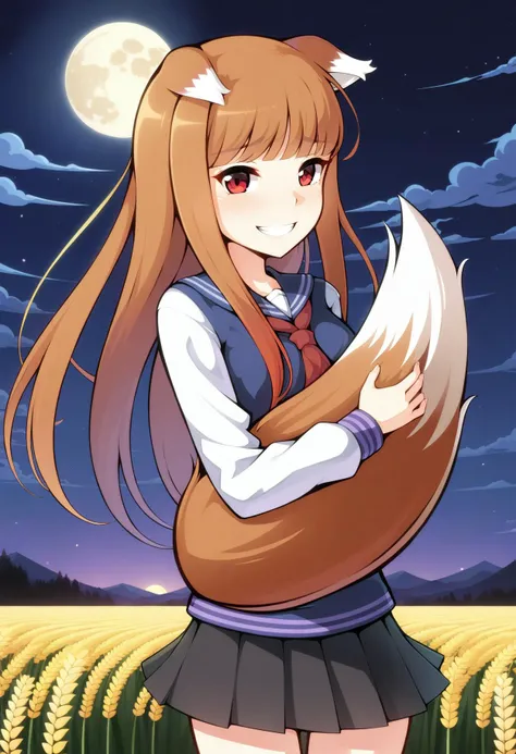 by merrytail, best quality, masterpiece, uncensored,
1girl, holo \(spice and wolf\), wolf tail, wolf ears, pleated skirt, school uniform, hugging own tail, night, moon, wheat field, ears down