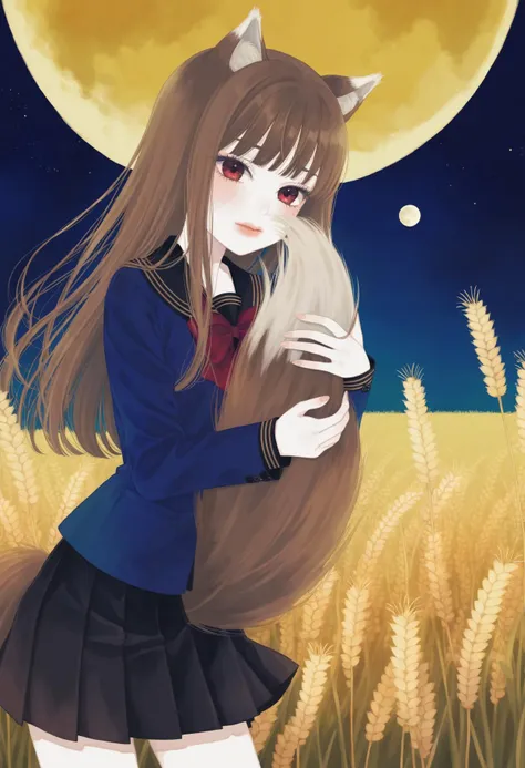 by ushiyama ame, best quality, masterpiece, uncensored,
1girl, holo \(spice and wolf\), wolf tail, wolf ears, pleated skirt, school uniform, hugging own tail, night, moon, wheat field, ears down