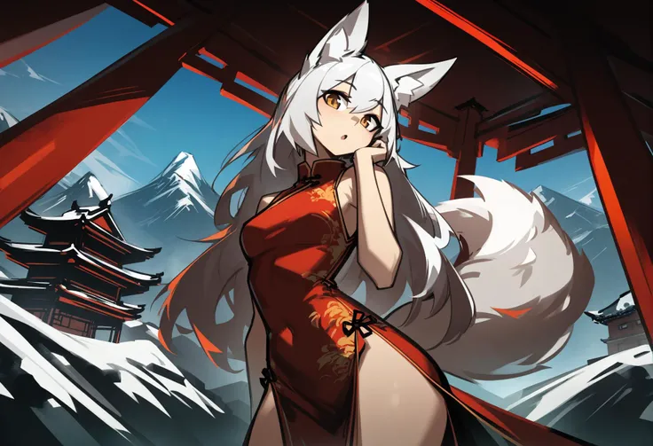 (by deel \(rkeg\):0.7),
1girl, fox girl, fox ears, animal ear fluff, fox tail, red china dress,  :o, hand on own cheek, hips, tail raised,
outdoors, epic landscape of chinese mountains, pagoda, detailed background,
best quality, masterpiece,