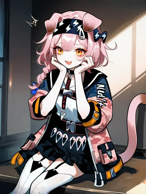 (by welt \(kinsei koutenkyoku\), by sheya:0.9),
1girl, goldenglow \(arknights\), arknights,braid, cat ears, cat girl, cat tail, hairband, lightning bolt print, orange eyes, pink hair, single braid, jacket, black skirt, blue bow, collarbone, garter straps, open clothes, white thighhighs,
hands on own cheeks, excited expression,
indoors,
best quality, masterpiece,