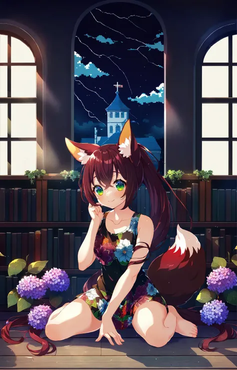 by asanogawa \(tutufcc\), by sakura chiyo \(konachi000\), by ooji cha,
best quality, masterpiece,
BREAK
1girl,fox girl, fox ears, fox tail, scenery,  absurdly long hair, ponytail,
Burgundy hair, Green eyes,
smile, yandere, Round Neck Top, stroking_own_chin, Attending concerts, wariza sitting on knees, haunted library, Thunderstorm, Pixel Art, Hydrangea, Robert Frank. sunflower print, Light caustics, Cel shading