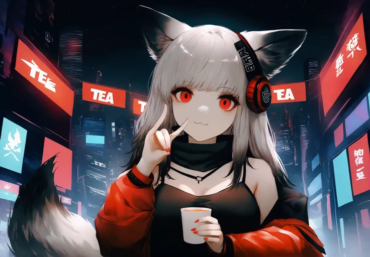 (by sukemyon, by aoi ogata:0.6),
1girl,
frostleaf \(arknights\), arknights, [silver|black] hair, gradient hair, fox ears, fox tail, long hair, medium breasts, red eyes, two-tone hair, upper body, fox shadow puppet, holding cup of tea,
cute girl showing fox gesture and holding cup of tea in other hand, :3,
colorful, high tech, cyberpunk, city, neon banners, night, moon,
best quality, masterpiece,