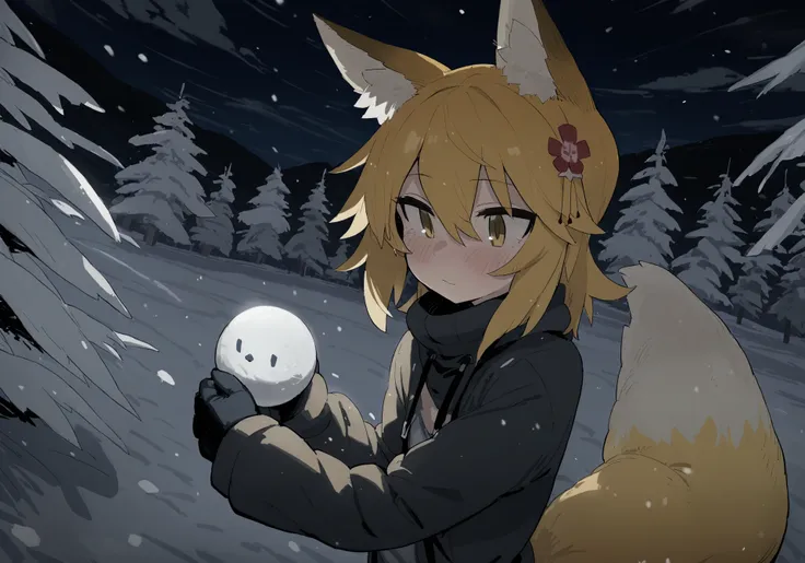 by kujira pasta, snow valley, field, frozen trees, mountains, snowman, holding snow ball, warm clothes
BREAK
 cinematic angle, cinematic lighting, masterpiece, best quality, <lora:senko_animagineXL_v1:1> sen, blonde hair, animal ears, fox ears, blush, animal ear fluff, hair ornament, fox girl, hair flower, hair between eyes, short hair, fox tail, tail, flat chest, yellow eyes, young girl