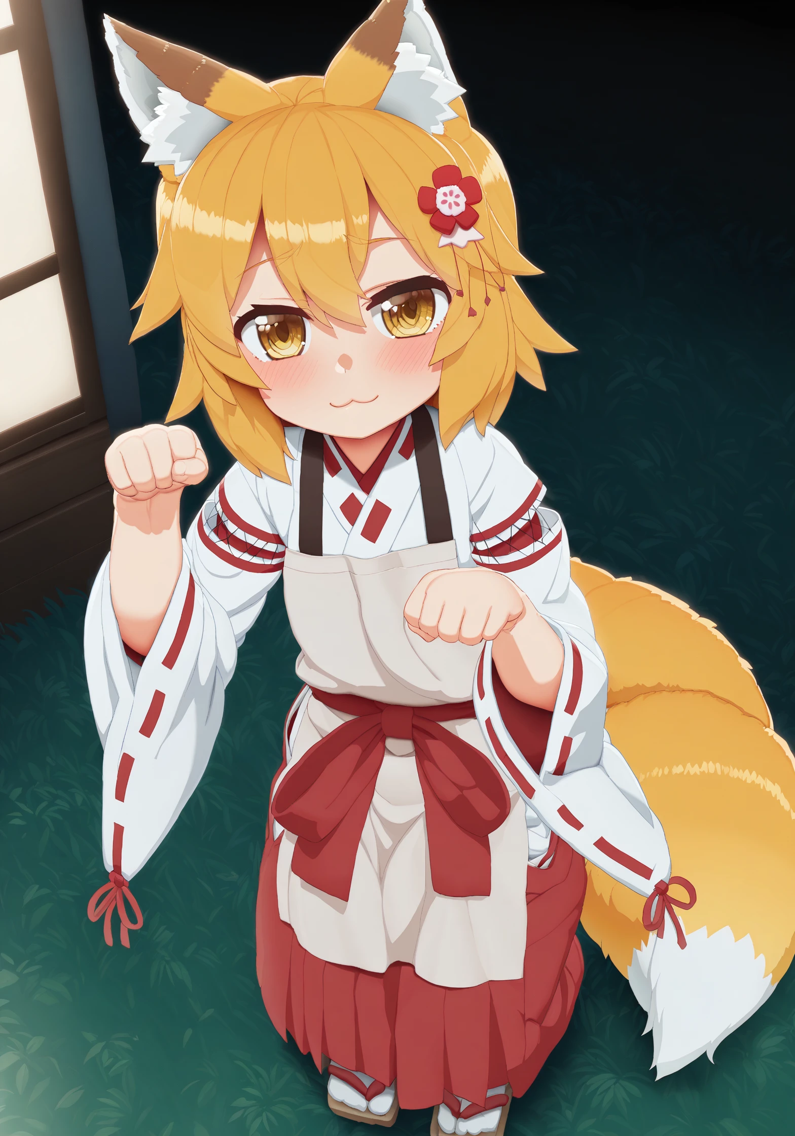 by tachimi \(basue\), :3, paw pose, from above
BREAK
cinematic angle, cinematic lighting, masterpiece, best quality, <lora:senko_animagineXL_v1:1> sen, blonde hair, animal ears, fox ears, blush, animal ear fluff, hair ornament, fox girl, hair flower, hair between eyes, short hair, fox tail, tail, flat chest, yellow eyes, young girl, miko, japanese clothes, apron