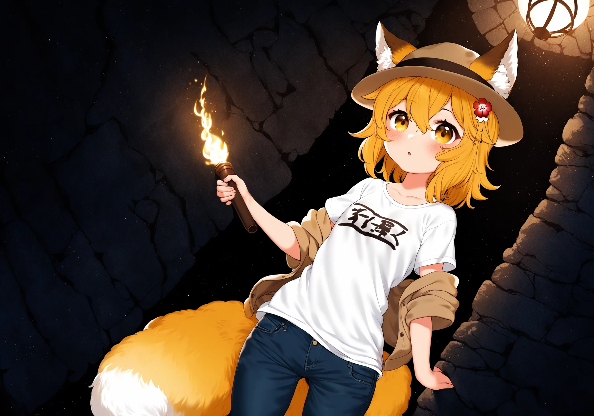 by susukitten, a girl researches (ancient ruins:1.3), brown jacket, T-shirt brown hat, jeans, holding a torch
BREAK
cinematic angle, cinematic lighting, masterpiece, best quality, <lora:senko_animagineXL_v1:1> sen, blonde hair, animal ears, fox ears, blush, animal ear fluff, hair ornament, fox girl, hair flower, hair between eyes, short hair, fox tail, tail, flat chest, yellow eyes, young girl