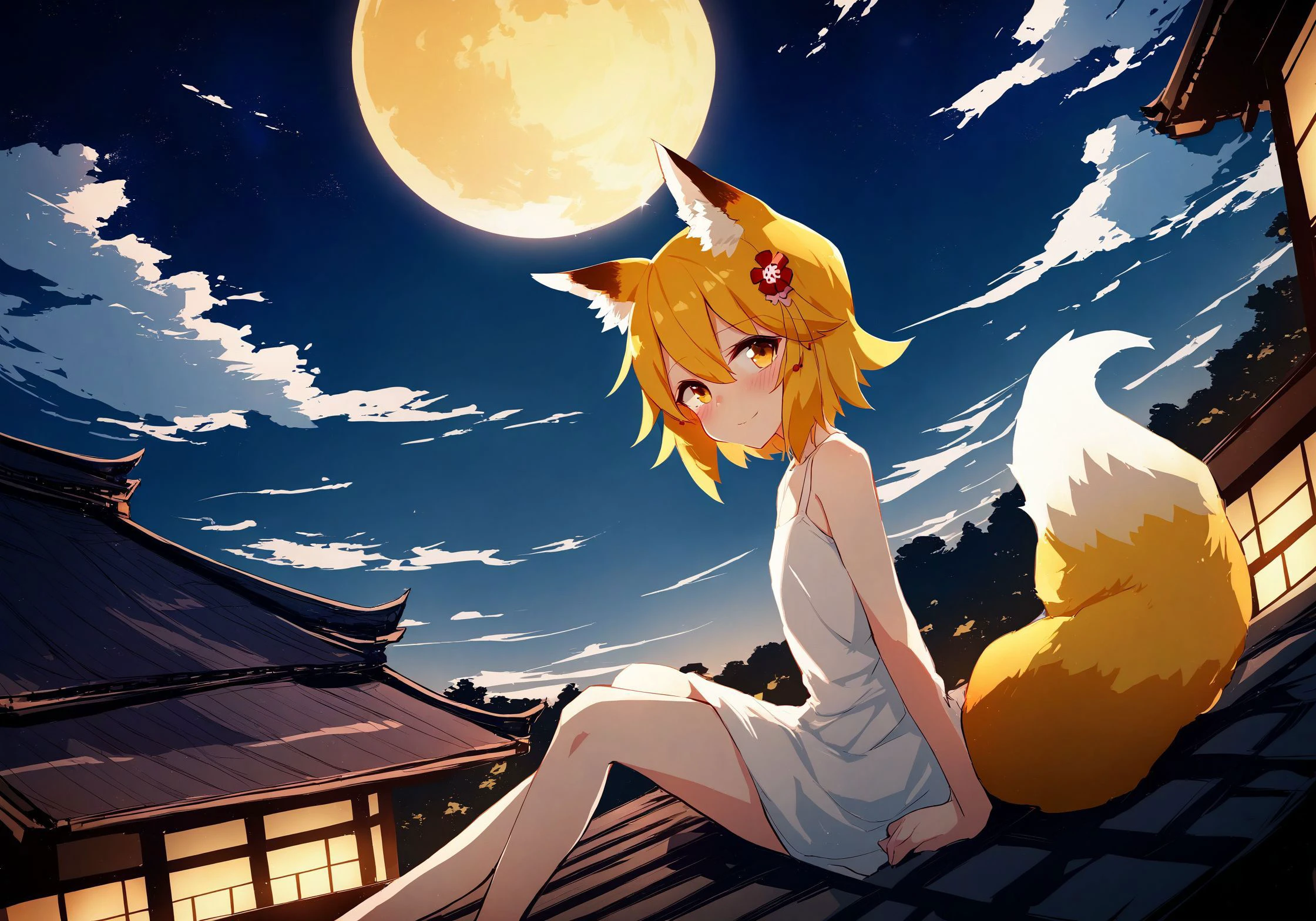 happy, by xing, white dress, sitting on roof, from side, looking at viewer,
a beautiful view of imperial japan, hiroshi nagai clouds, night, (moon in the background:0.9), nostalgia and abstract, cinematic angle, cinematic lighting, masterpiece, best quality, <lora:senko_animagineXL_v1:1> sen, blonde hair, animal ears, fox ears, blush, animal ear fluff, hair ornament, fox girl, hair flower, hair between eyes, short hair, fox tail, tail, flat chest, yellow eyes, young girl