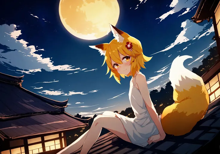 Ultra-detailed, (detailed light:1.05), Detailed background, Detailed Face, A detailed eye, sen, animal ears, Fox ears, Fox Girl, Foxtail, Hair Flower, hair ornament, Orange Eyes, orange hair, Short hair, tail, flat chest, 1 girl in a magical, whimsical mushroom forest with giant colorful mushrooms, sparkling lights, and a cute charming atmosphere.