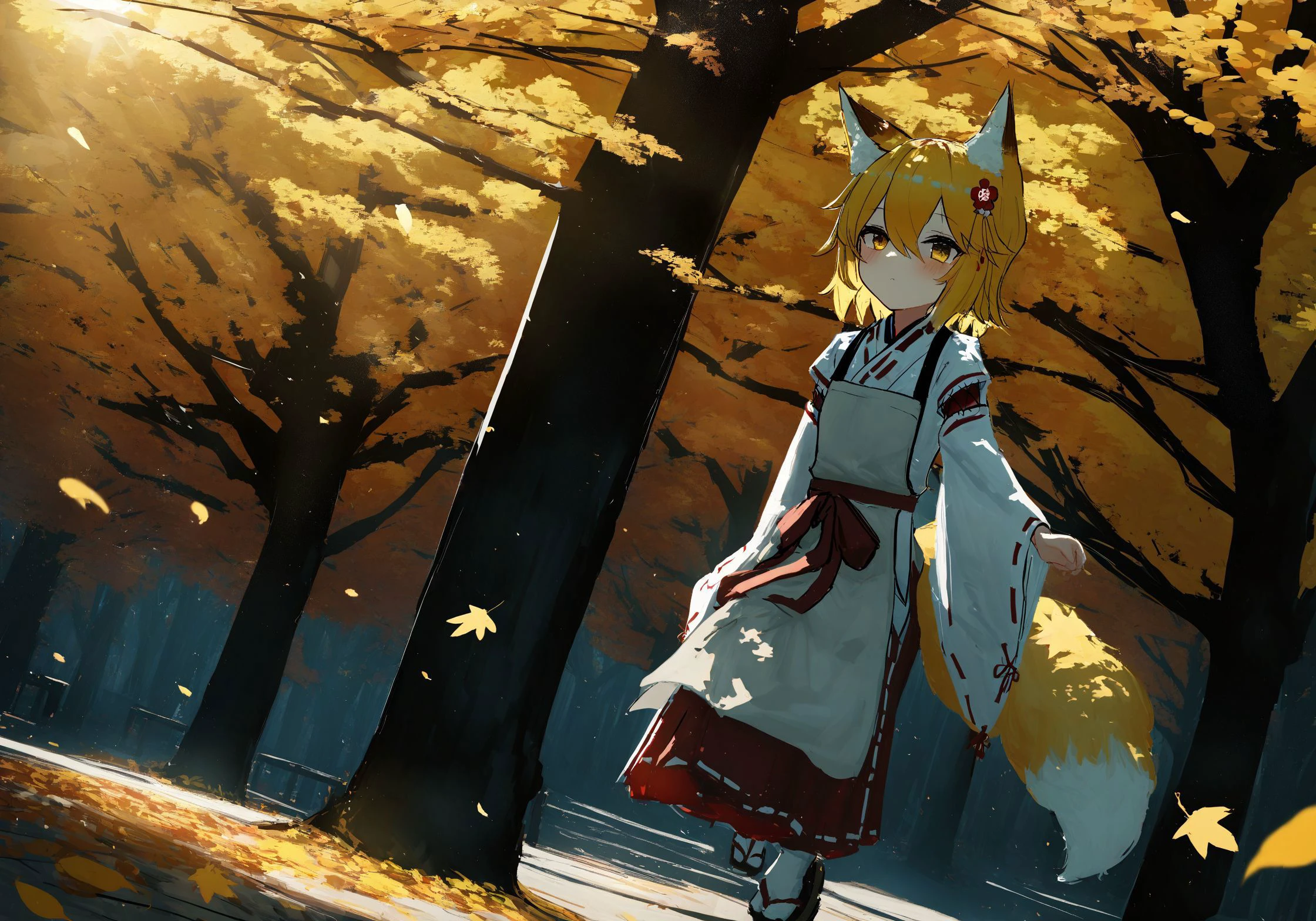 by lemtun, cinematic angle, cinematic lighting, masterpiece, best quality, <lora:senko_animagineXL_v1:1> sen, blonde hair, animal ears, fox ears, blush, animal ear fluff, hair ornament, fox girl, hair flower, hair between eyes, short hair, fox tail, tail, flat chest, yellow eyes, young girl, autumn, falling yellow leaves, park with trees, miko, japanese clothes, apron