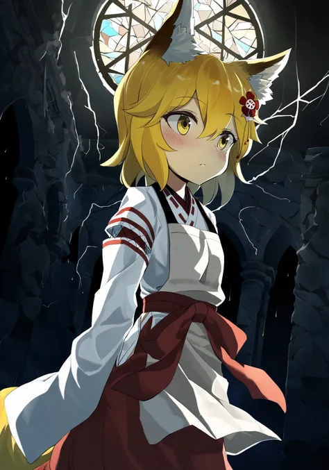 by yonago miko, girl looking at epic scenery, girl explores ruins of church, broken stained glass, deserted spaces, detailed background, window at background, darkness, lightning, rain
BREAK
 cinematic angle, cinematic lighting, masterpiece, best quality, <lora:senko_animagineXL_v1:1> sen, blonde hair, animal ears, fox ears, blush, animal ear fluff, hair ornament, fox girl, hair flower, hair between eyes, short hair, fox tail, tail, flat chest, yellow eyes, young girl, miko, japanese clothes, apron