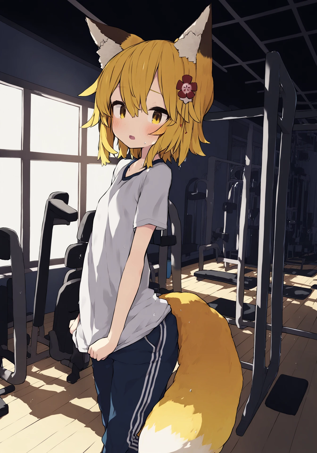 by paryi, sportswear, T-shirt, pants, gym, open mouth, tired, wet, cowboy shot, (doing a warm-up:1.3), windows, wooden floor
BREAK
cinematic angle, cinematic lighting, masterpiece, best quality, <lora:senko_animagineXL_v1:1> sen, blonde hair, animal ears, fox ears, blush, animal ear fluff, hair ornament, fox girl, hair flower, hair between eyes, short hair, fox tail, tail, flat chest, yellow eyes, young girl