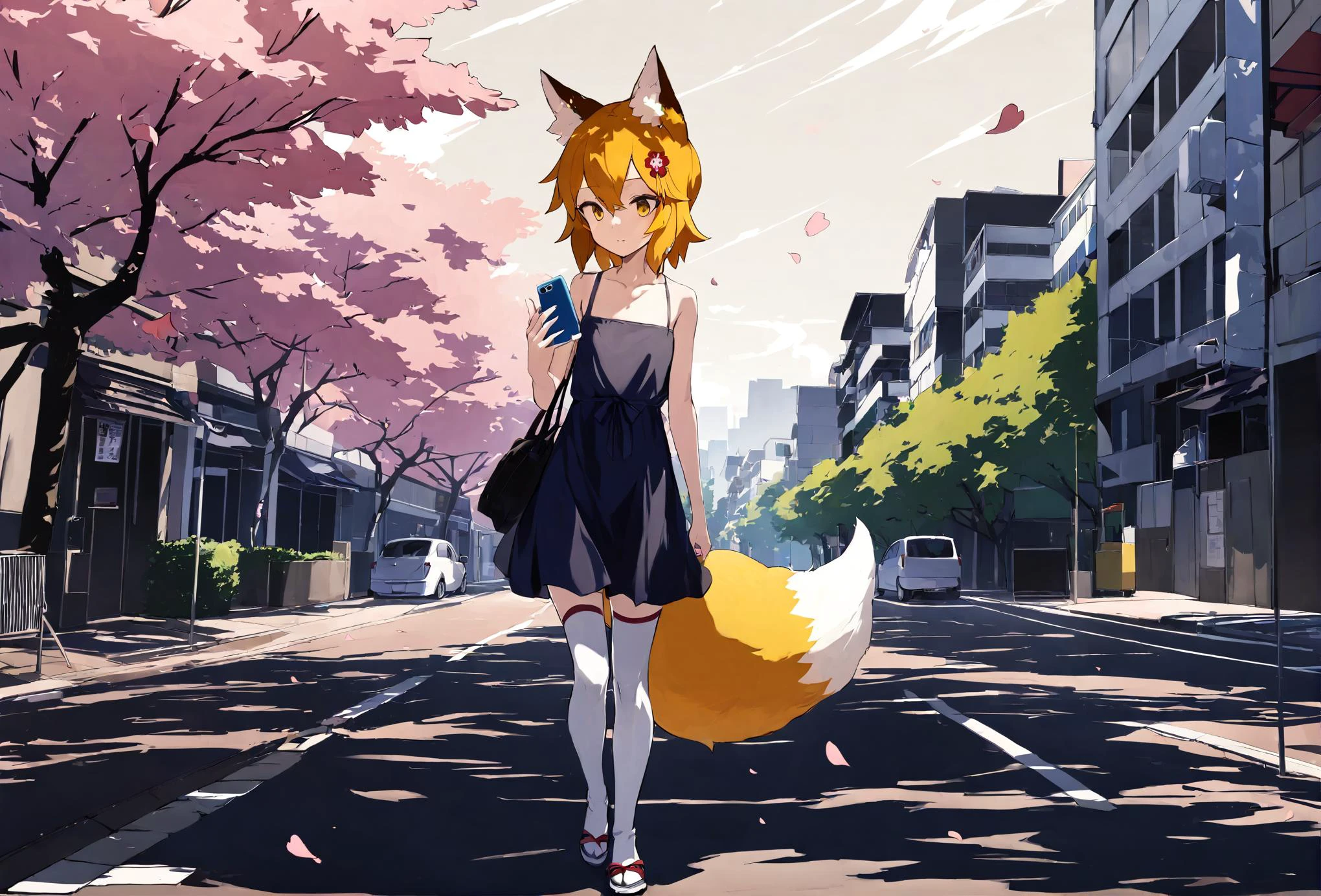 (by mikisai:0.7),
1girl,
sen, senko \(sewayaki kitsune no senko-san\), fox girl, fox ears, animal ear fluff, fox tail, yellow eyes, dark blue summer dress, hips, collarbone, thighhighs, walking down the street, holding phone,
full body, wide shot, outdoors, urban, cherry blossoms, trees, road with cars, office buildings,
best quality, masterpiece
<lora:senko_animagineXL_v1:0.9>