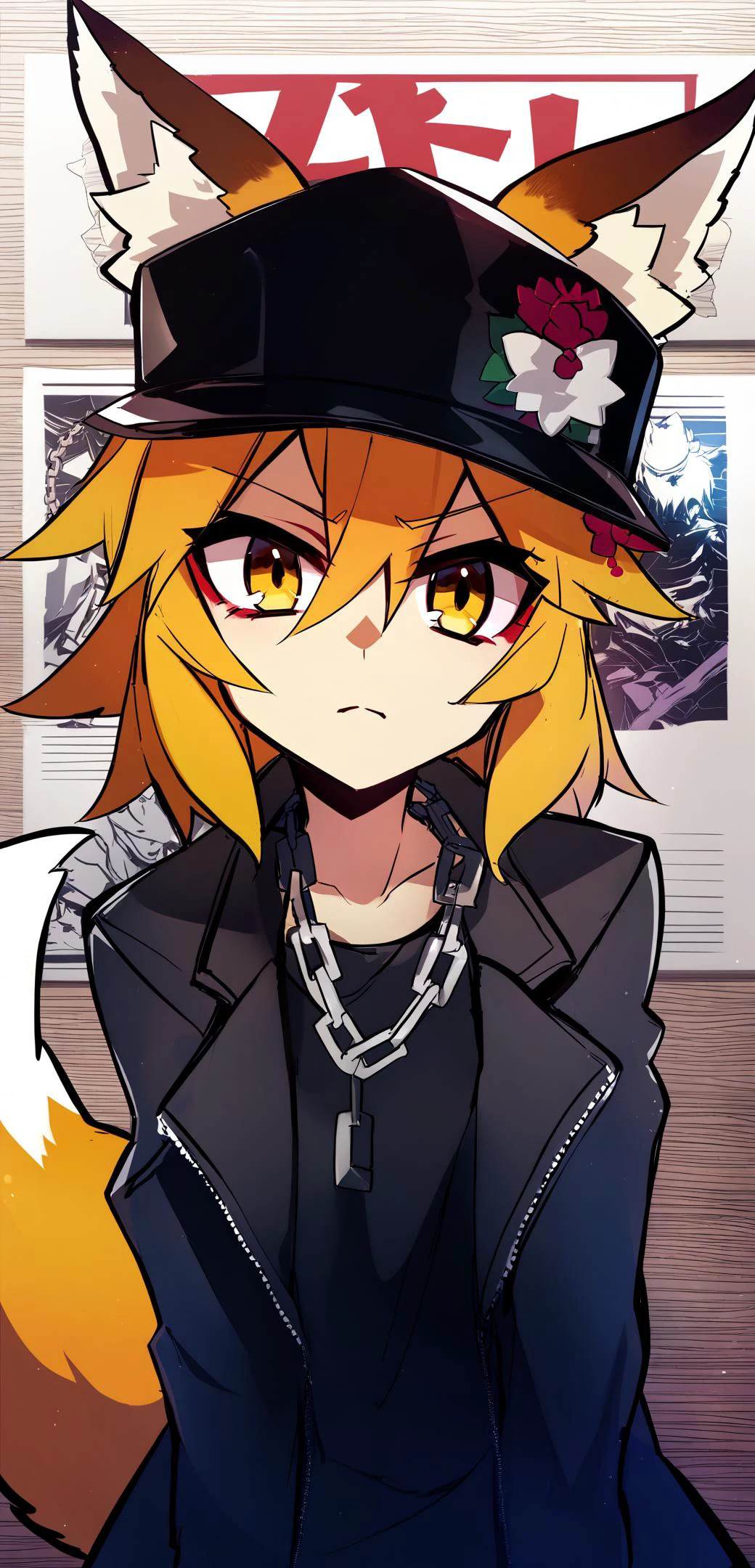 (by wisespeak, by foxykuro, by shirokitsune:0.7),
1girl,
sen, senko \(sewayaki kitsune no senko-san\), fox girl, fox ears, animal ear fluff, fox tail, yellow eyes, (jojo outfit:1.2), black jacket, chain, (black jojo cap:1.2), upper body, serious expression,
indoors,poster style,
best quality, masterpiece
<lora:senko_animagineXL_v1:0.9>