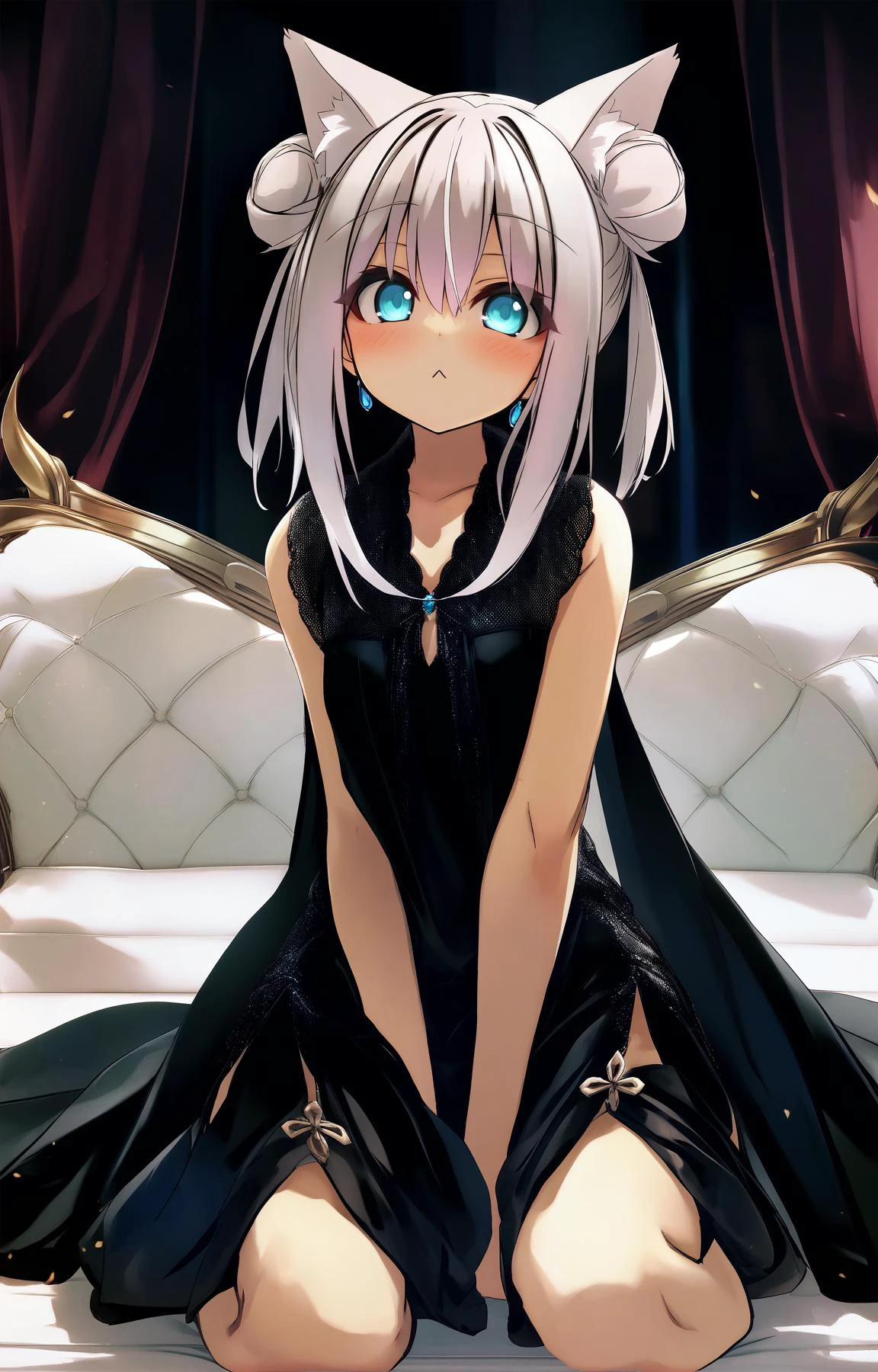 by garuku, by sakuma hiragi, by shirokitsune, by idaten93,
BREAK
cat girl, bald, heart hair bun,
Chestnut hair, Silver eyes,
:<, ;<, Seated on a velvet divan in an opulent ballroom, she emanates regal elegance and sophistication, side slit,
,(best quality:1.2)
