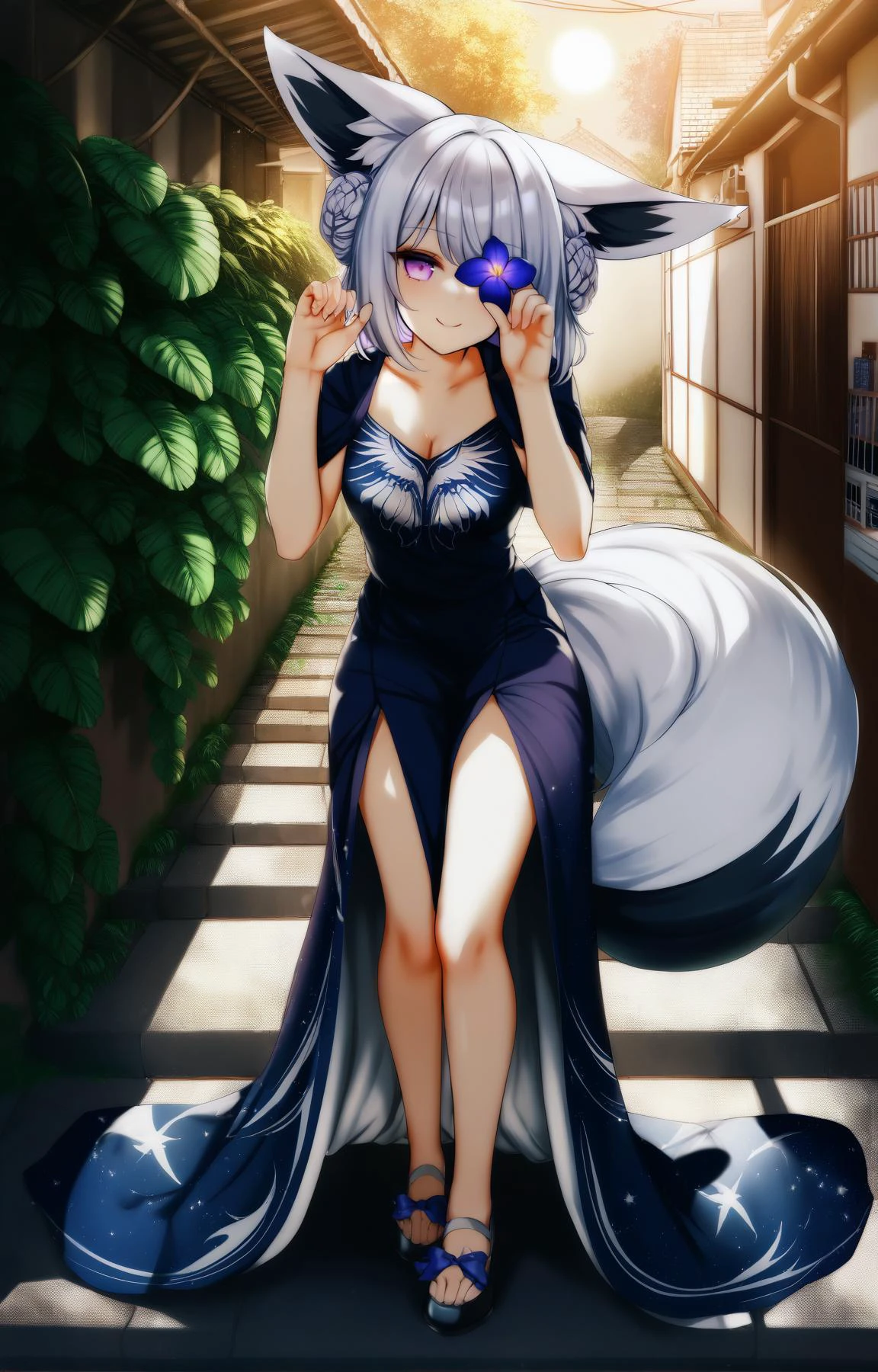 (by minaha \(playjoe2005\), by aoi ogata,:0.8)
BREAK
1girl,fox girl, fox ears, fox tail, scenery, medium hair, braided bun,
Platinum hair, Violet eyes,
:q, covering eyes, Full Length Gown, bunny_pose, Organizing, crouching, alleyway, Sun in the sky, Pop Art, Iris, Takashi Murakami. wing print, cinematic lighting, Gouraud shading
,(best quality, masterpiece:1.2)