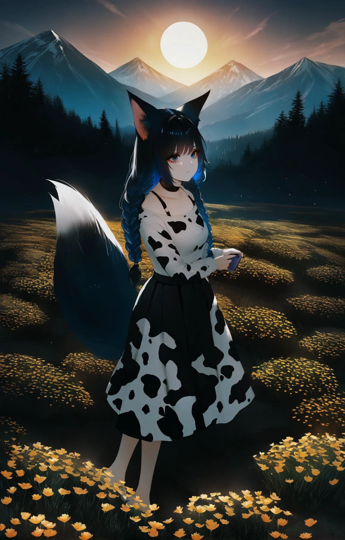 (by aoi ogata,:0.9)
BREAK
1girl,fox girl, fox ears, fox tail, scenery, bald, quad braids,
Blue black hair, Hazel eyes,
:|, >_<, Maxi Skirt, chest_stand, Collecting art, sitting, mountain, at Nighttime, pointillism oil painting, Freesia, Basquiat. cow print, Sun Rays, Gouraud shading
,(best quality, masterpiece:1.2)