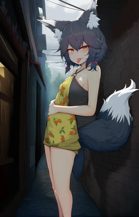 (by cube85, by hecha \(01964237\),:0.9)
BREAK
1girl,fox girl, fox ears, fox tail, scenery,  very short hair, multiple braids,
Black hair, Brown eyes,
 :3, long tongue, Halter Top, tail_hug, Activism, standing, alleyway, at Overcast, modernism oil painting, Jasmine, Seurat. fruit pattern, split lighting, Gouraud shading
,(best quality, masterpiece:1.2)