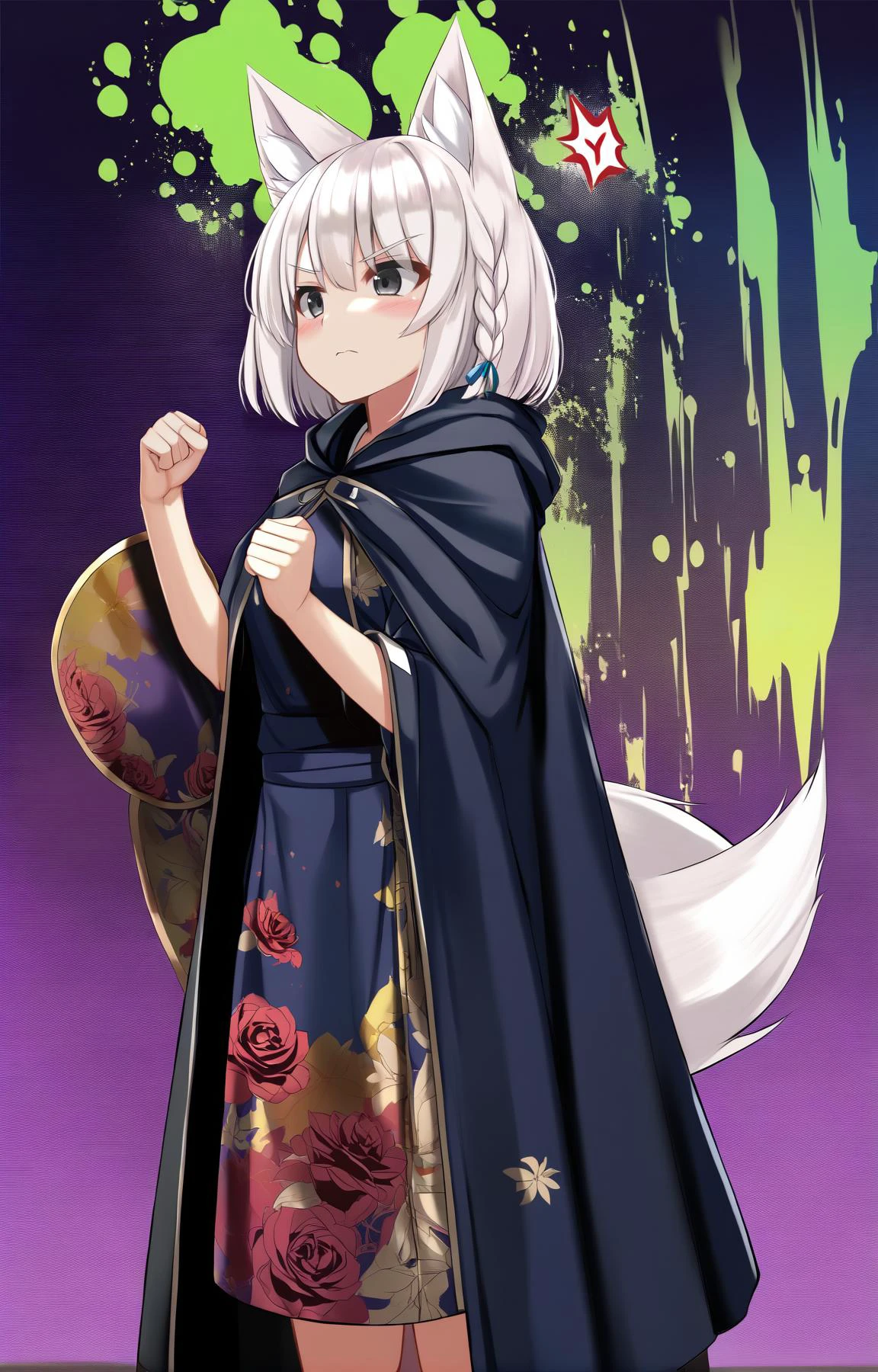 (by sogaya, by mirufuaa,:0.9)
BREAK
1girl,fox girl, fox ears, fox tail, scenery, short hair, tri braids,
White hair, Black eyes,
angry, thinking, Cape Coat, akanbe, Tai chi, proud pose, purple background, Bathed in shadows, Pop Art, Lily, Vermeer. rose print, waning light, Subsurface scattering shading
,(best quality, masterpiece:1.2)