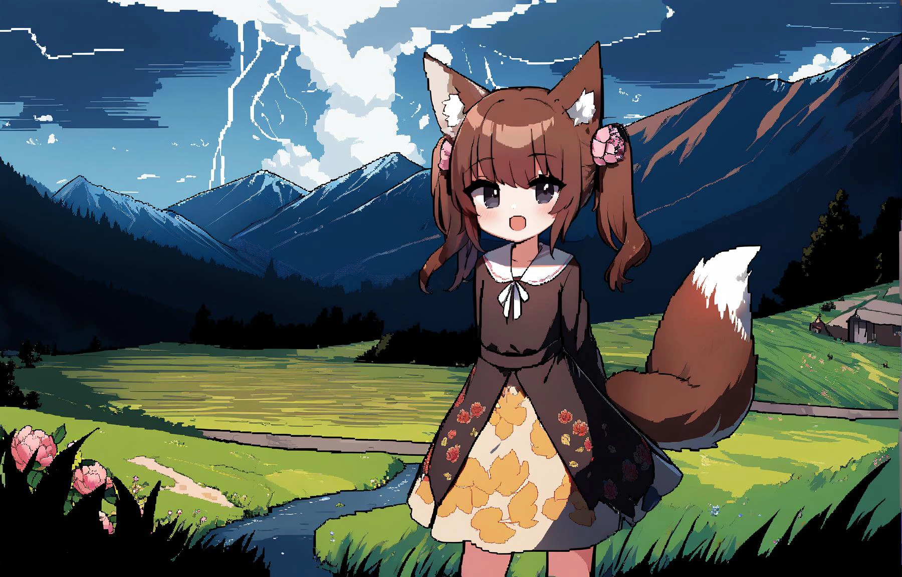 (by rukako, by cowfee, by satou \(3366 s\), by nekoya \(liu\),:0.9)
BREAK
1girl,fox girl, fox ears, fox tail, scenery, bald girl, twintails,
Auburn hair, Black eyes,
:d, \(-3-\), Long Sleeve Dress, arms_behind_back, Hiking, jojo pose, flag background, Thunderstorm, Pixel Art, Peony, Van Gogh. leopard print, loop lighting, Textured shading
,(best quality, masterpiece:1.2)