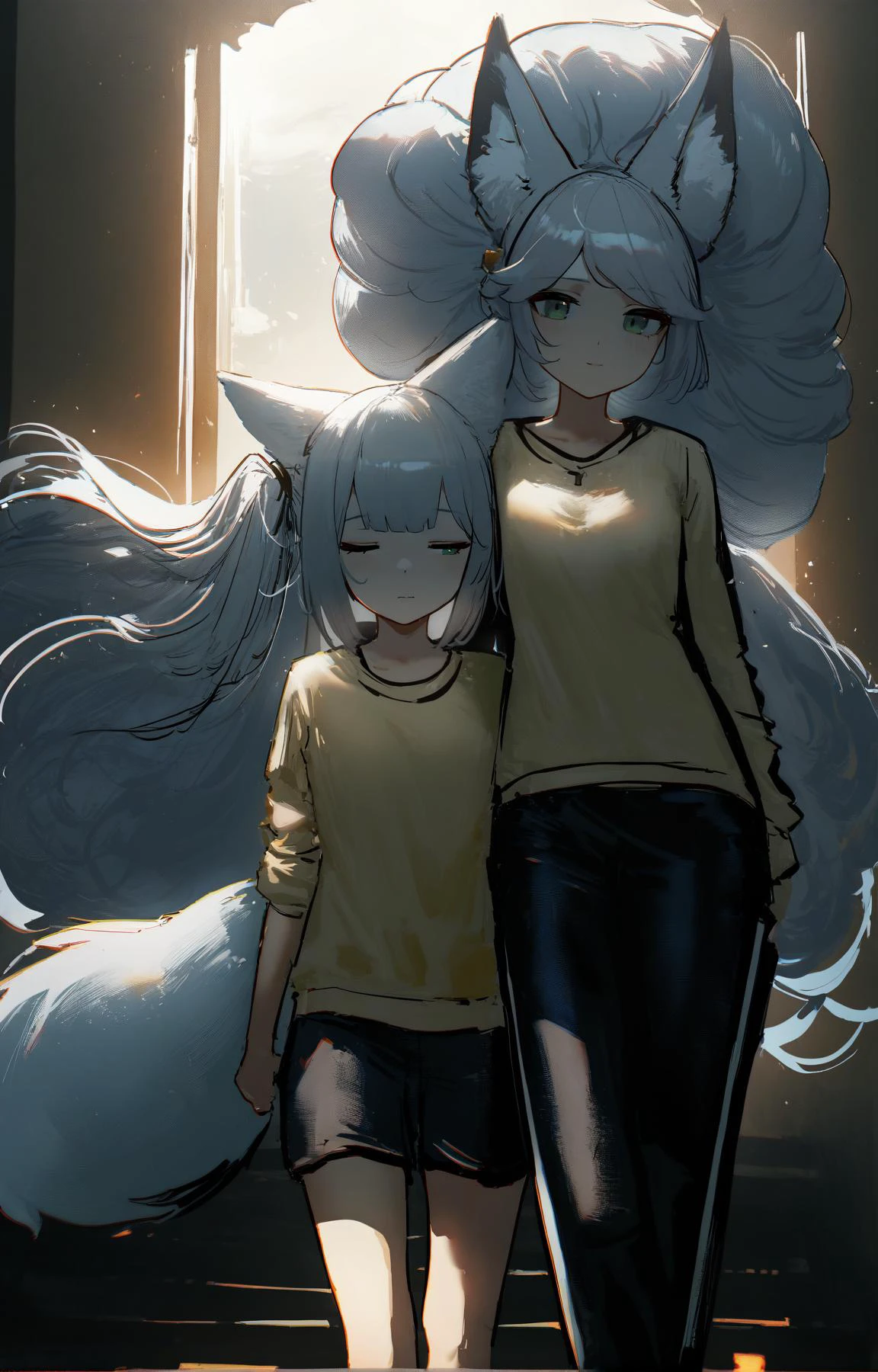 (by lemtun,:0.9)
BREAK
1girl,fox girl, fox ears, fox tail, scenery, big hair, side ponytail,
Grey hair, Green eyes,
happy, sleepy, Pant, cheek-to-cheek, Walking, heroic pose, white background, at Golden hour, Pastel Painting, Poppy, Hirst. piano print, moody lighting, Gouraud shading
,(best quality, masterpiece:1.2)