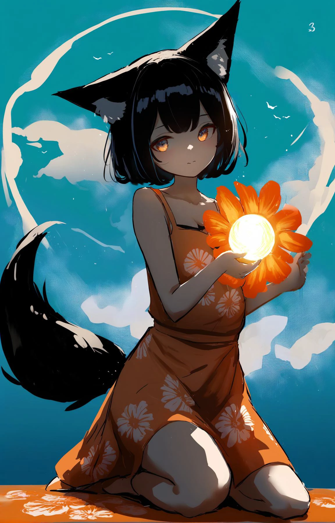 (by idaten93, by wlop, by lemtun, by suzuiro \(chocolatte\),:0.9)
BREAK
1girl,fox girl, fox ears, fox tail, scenery, very short hair, french braid,
Jet black hair, Amber eyes,
furled brow, shaded, Maxi Dress, \o/, Improvisational comedy, kneeling, aqua background, Sun in the sky, Printmaking, Hibiscus, Cezanne. orange print, Candle light, Subsurface scattering shading
,(best quality, masterpiece:1.2)