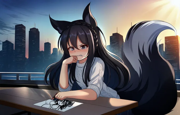 (by hotel01,:0.9)
BREAK
1girl,fox girl, fox ears, fox tail, scenery,  big hair, crown braid,
Jet black hair, Silver eyes,
angry, \(-3-\), Cable Knit Sweater, stroking_own_chin, Drawing, å¥³ã®å­åº§ã, grey background, at Twilight, Pop Art, Lotus, Munch. lemon print, Sunlight, Radial gradient shading
,(best quality, masterpiece:1.2)