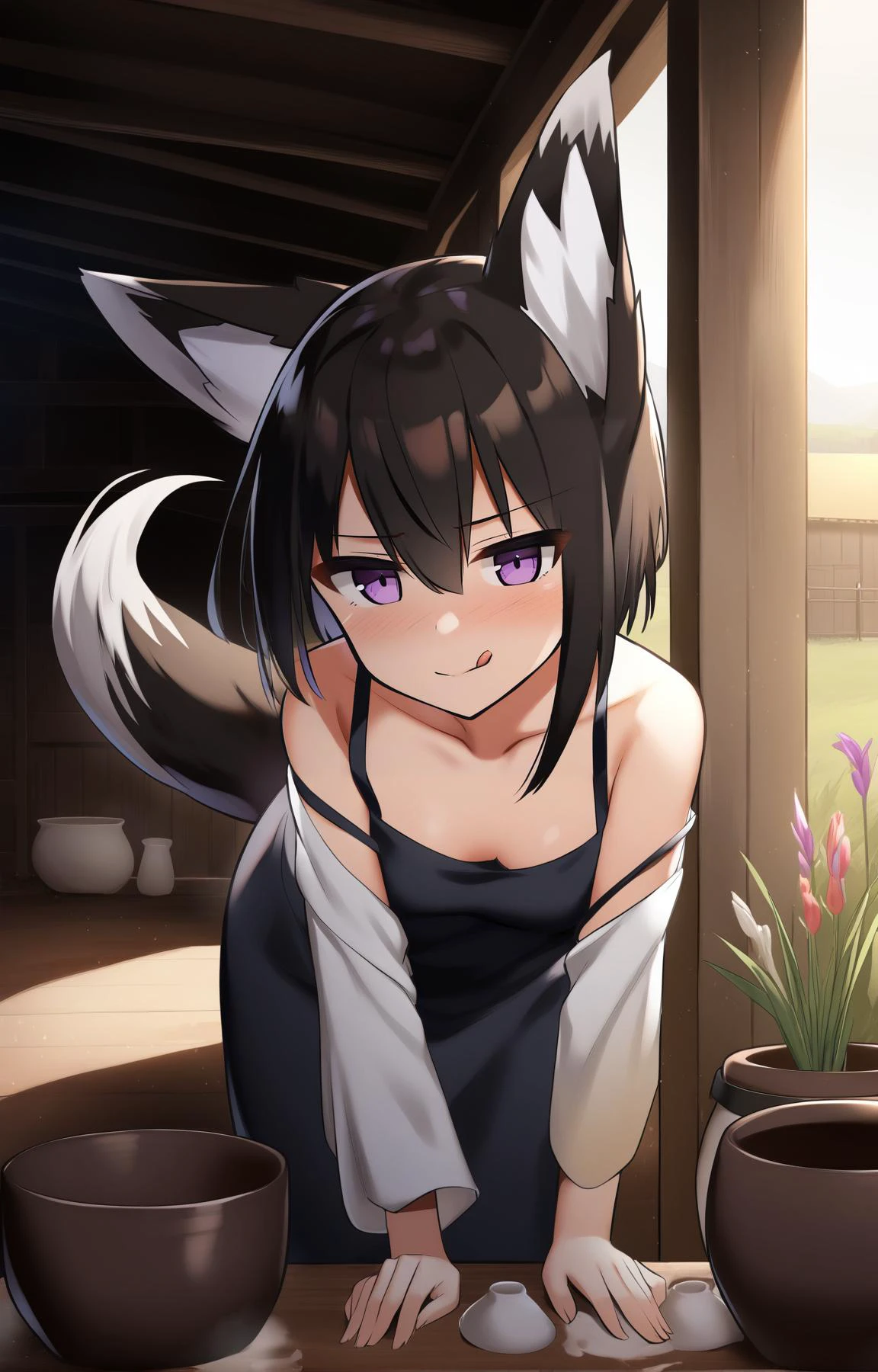 (by cowfee, by yukishiro haku,:0.9)
BREAK
1girl,fox girl, fox ears, fox tail, scenery, very short hair, bow-shaped hair,
Brunette hair, Violet eyes,
frown, tongue out, Spaghetti Strap Dress, \o/, Pottery, bending over, barn, at Sunrise, pointillism oil painting, Gladiolus, Bruegel. food print, Rembrandt lighting, Soft shading
,(best quality, masterpiece:1.2)