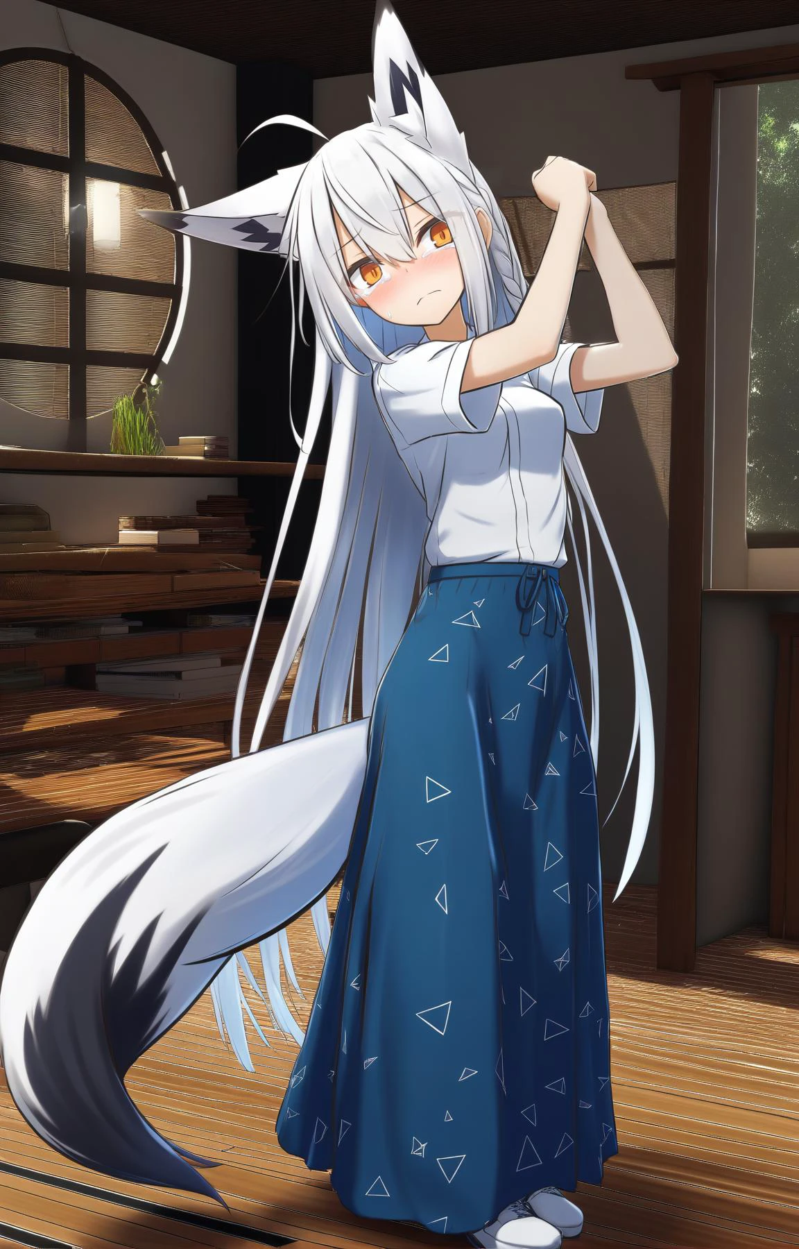 (by yukishiro haku,:0.9)
BREAK
1girl,fox girl, fox ears, fox tail, scenery, absurdly long hair, cornrows,
Silver hair, Amber eyes,
:|, sobbing, Maxi Skirt, symmetrical_hand_pose, Organizing, flexing, two-tone background, Stormy weather, 3D Modeling, Lily, Freud. triangle print, Black lighting, Cel shading
,(best quality, masterpiece:1.2)