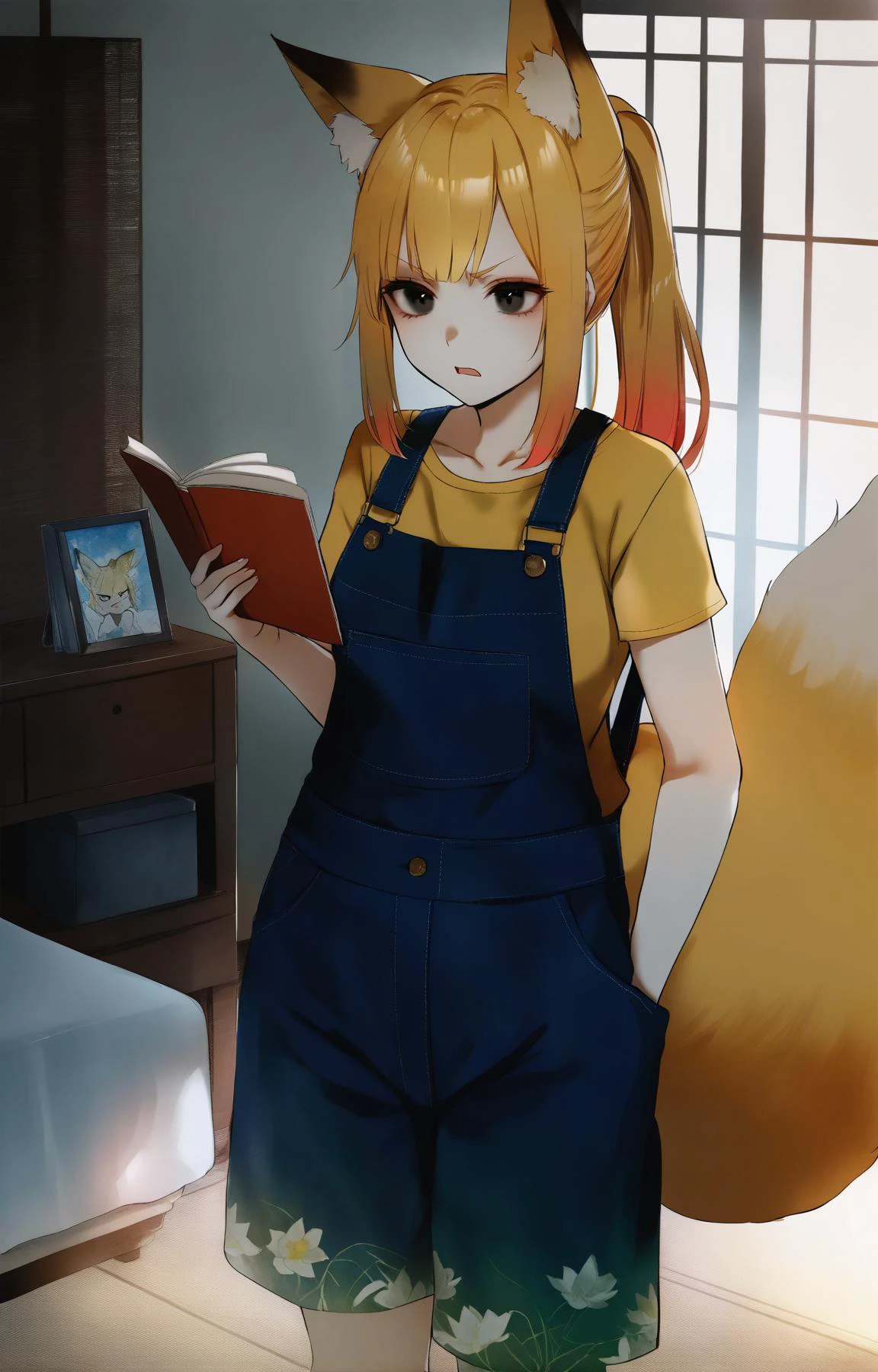 (by omoomomo, by aoi ogata, by nuko miruku,:0.9)
BREAK
1girl,fox girl, fox ears, fox tail, scenery, bald girl, ponytail,
Golden hair, Black eyes,
angry, rectangular mouth, Overalls, arm_at_side, Reading, heroic pose, bedroom, at Sunrise, Watercolor Painting, Lotus, Arthur Fellig Weegee. sunflower print, natural lighting, Radial gradient shading
,(best quality, masterpiece:1.2)