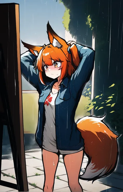 (by floofsmear, by koretsuki azuma, by kujira pasta,:0.9)
BREAK
1girl,fox girl, fox ears, fox tail, scenery,  medium hair, two side up,
Auburn hair, Hazel eyes,
 :|, flustered, Denim Jacket, arms_up, Painting, standing, infernal palace, Raining, Digital Art, Daisy, Malevich. clover print, Light caustics, Radial gradient shading
,(best quality, masterpiece:1.2)