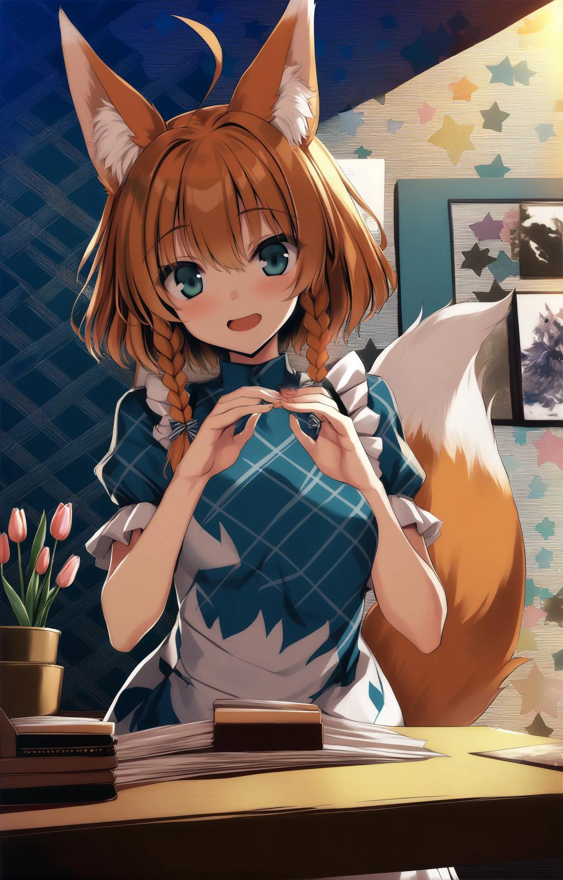 (by tateha \(marvelous grace\), by kana616, by satou \(3366 s\), by personal ami, by npcpepper,:0.9)
BREAK
1girl,fox girl, fox ears, fox tail, scenery, very short hair, low twin braids,
Chestnut hair, Turquoise eyes,
furled brow, \\(^o^\)/, Flutter Sleeve Top, star_hands, Organizing, proud pose, plaid background, Clear skies, Printmaking, Tulip, Modigliani. wave print, Accent lighting, Textured shading
,(best quality, masterpiece:1.2)