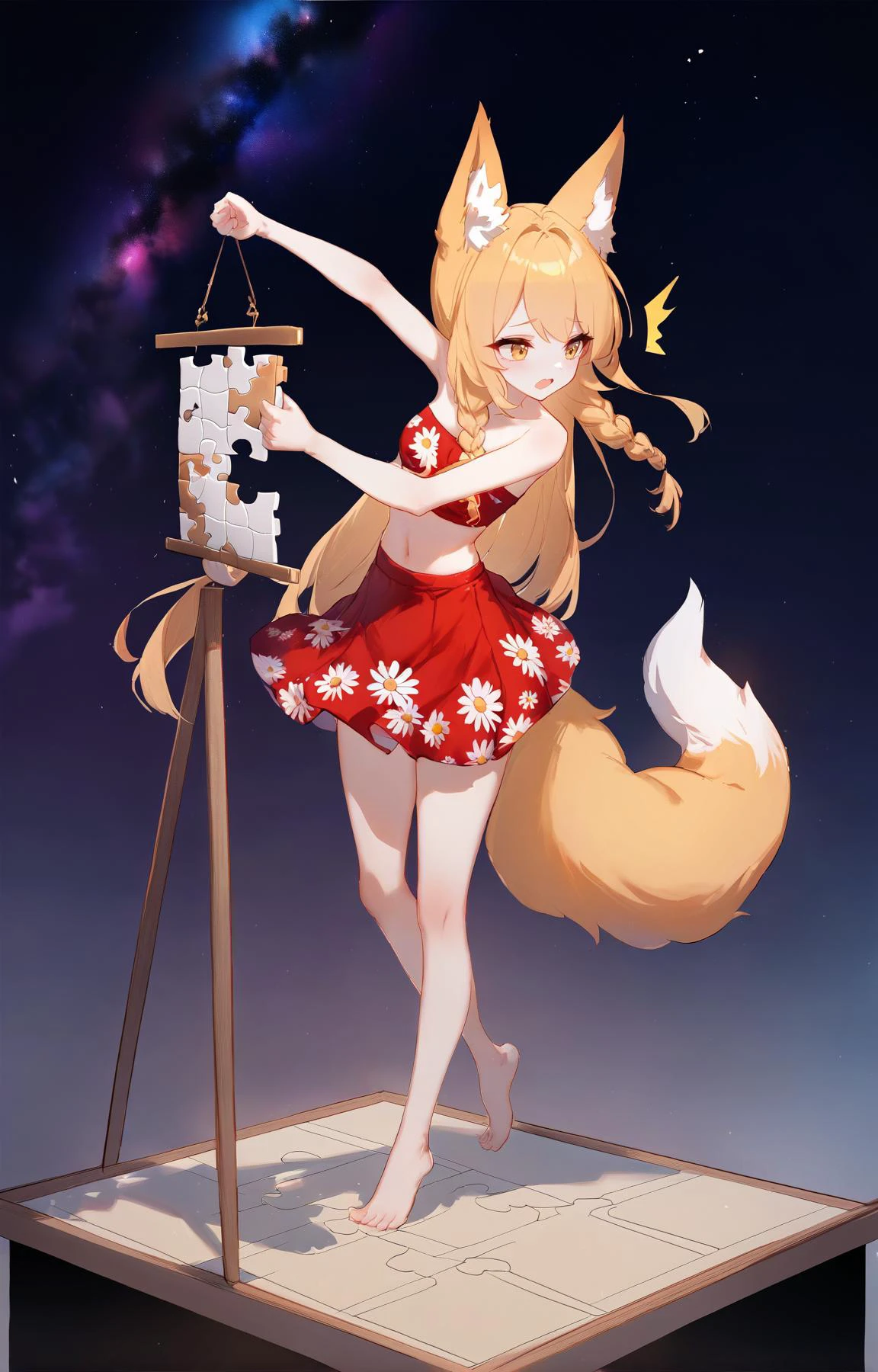 (by xing,:0.9)
BREAK
1girl,fox girl, fox ears, fox tail, scenery, very long hair, braid,
Butterscotch hair, Gold eyes,
furled brow, ^^^, Strapless Top, tiptoes, Doing puzzles, flexing, lavender background, Clear skies, Conceptual Art, Daisy, Cezanne. apple print, rim light, Wireframe shading
,(best quality, masterpiece:1.2)
