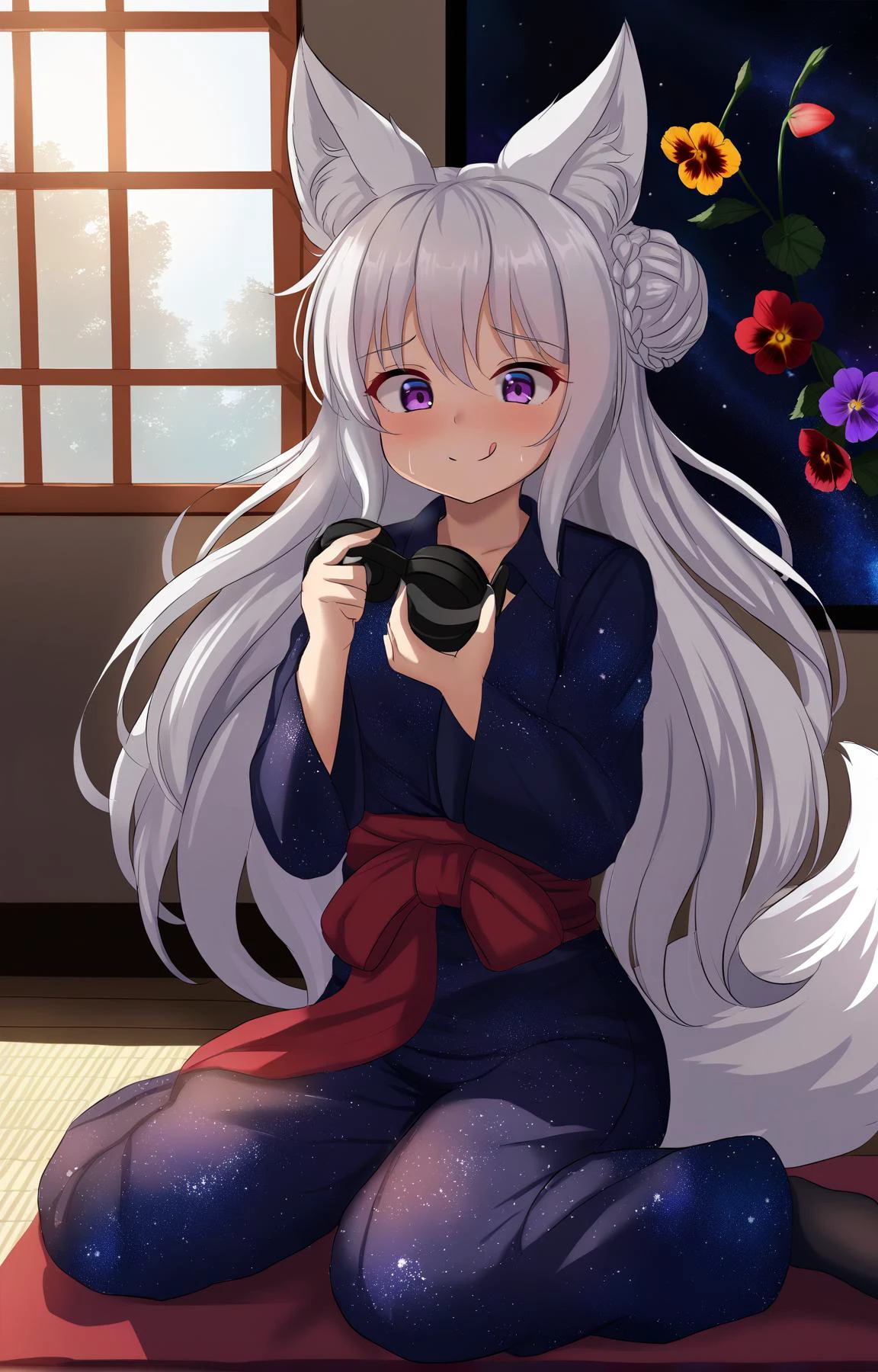 (by hotel01, by nottytiffy,:0.8)
BREAK
1girl,fox girl, fox ears, fox tail, scenery, big hair, braided bun,
Gray hair, Violet eyes,
:q, scared, Wide Leg Pants, figure_four_sitting, Playing music, wariza, strawberry background, Hazy conditions, vanguardism oil painting, Pansy, Helmut Newton. space print, Sun Rays, Textured shading
,(best quality, masterpiece:1.2)