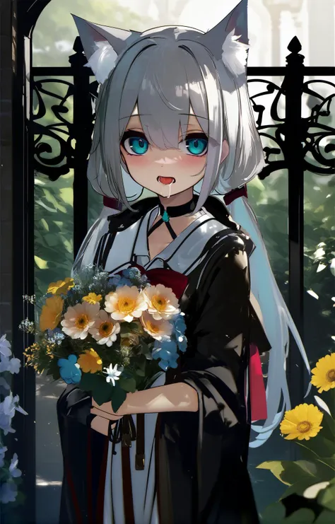 by shirokitsune, by sakuma hiragi, by lemtun,
BREAK
cat girl, long hair, split ponytail,
Grey hair, Turquoise eyes,
confused, saliva, Leaning against a wrought-iron fence, she holds a bouquet of wildflowers, radiating natural charm
,(best quality:1.2)