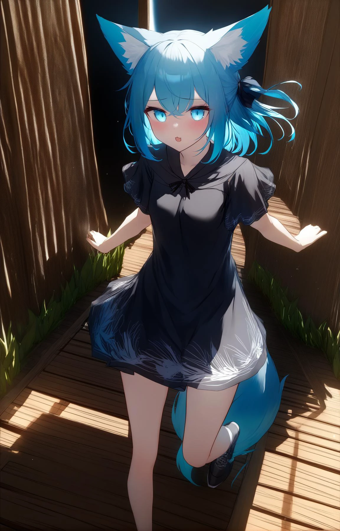 (by guo582, by nagishiro mito,:0.9)
BREAK
1girl,fox girl, fox ears, fox tail, scenery, medium hair, one side up,
Blue black hair, Silver eyes,
:p, guilt, Flutter Sleeve Top, watson_cross_, Gymnastics, 女ã®å座ã, corn maze, Sun in the sky, 3D Modeling, Zinnia, Kahlo. wing print, split lighting, Phong shading
,(best quality, masterpiece:1.2)