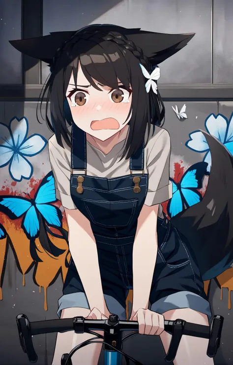 (by nagishiro mito, by mao lian \(nekokao\),:0.9)
BREAK
1girl,fox girl, fox ears, fox tail, scenery,  bald, crown braid,
Black hair, Brown eyes,
 flustered, panicking, Overalls, butterfly_sitting, Cycling, bending over, gothic, at Overcast, Graffiti, Jasmine, Munch. clover print, spotlit, Textured shading
,(best quality, masterpiece:1.2)